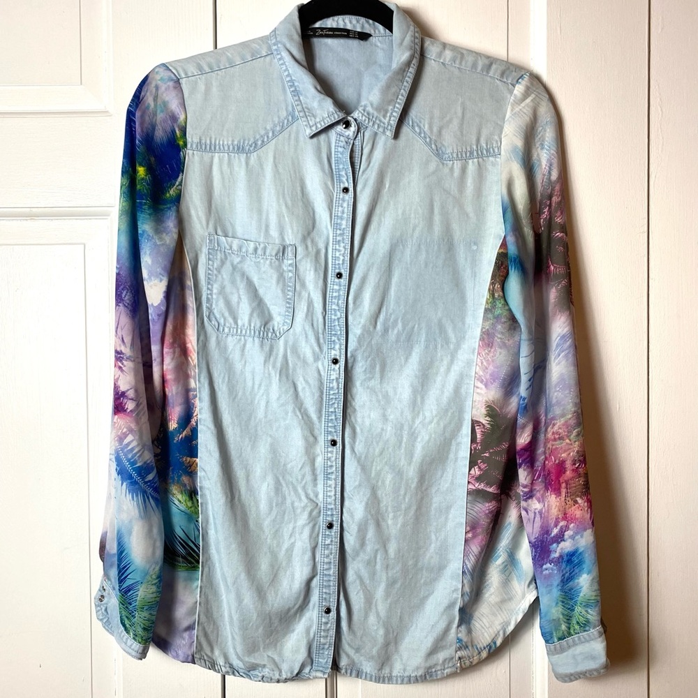 Zara Trafaluc Collection Denim Shirt with Satin Sleeves Size M